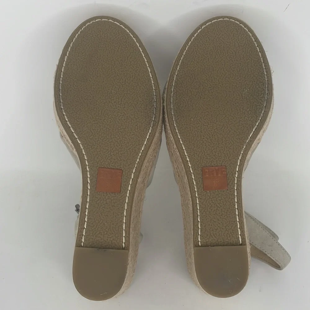 FRYE SANDALS Wedge Heel Shoes Ankle Strap Bow Tan Sage Leather Size 10